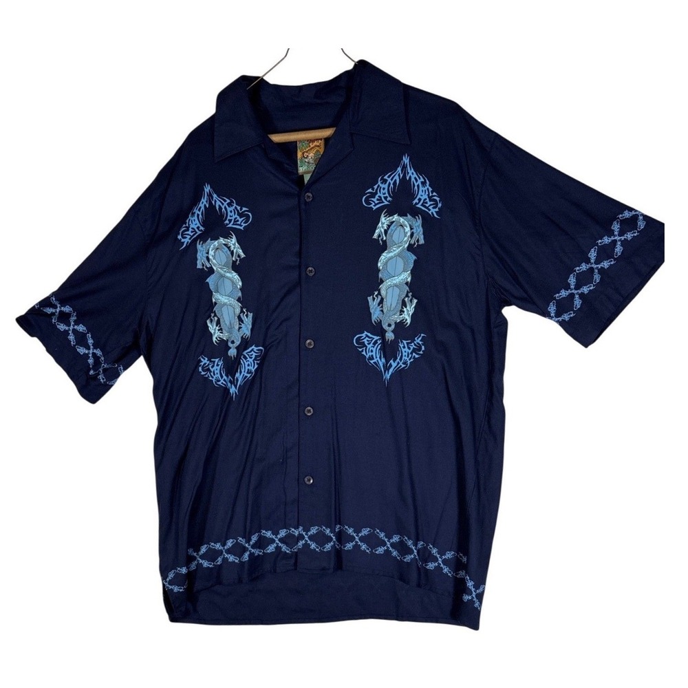 Pineapple Connection Mens Medium Navy Blue Dragon Tribal Rayon Button Up Shirt